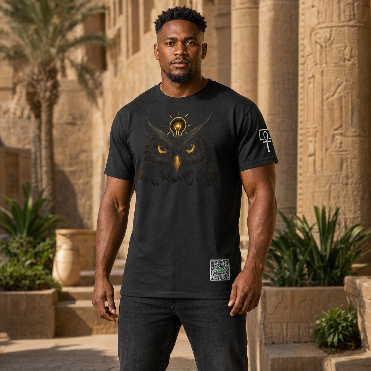 Man wearing the black Per Ankh House of Life Owl T-shirt in a sunlit courtyard